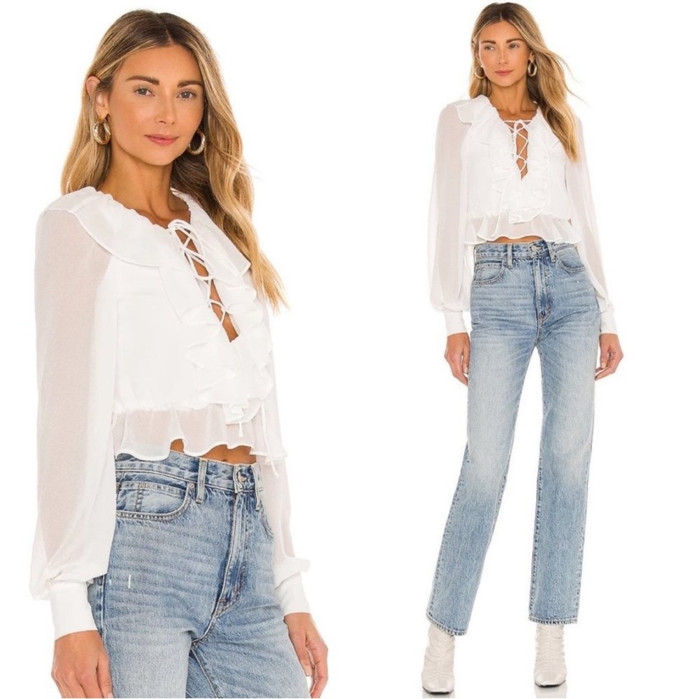 NWT Revolve NBD Cherry Pie Lace Up Top Ruffle Detail - Ivory